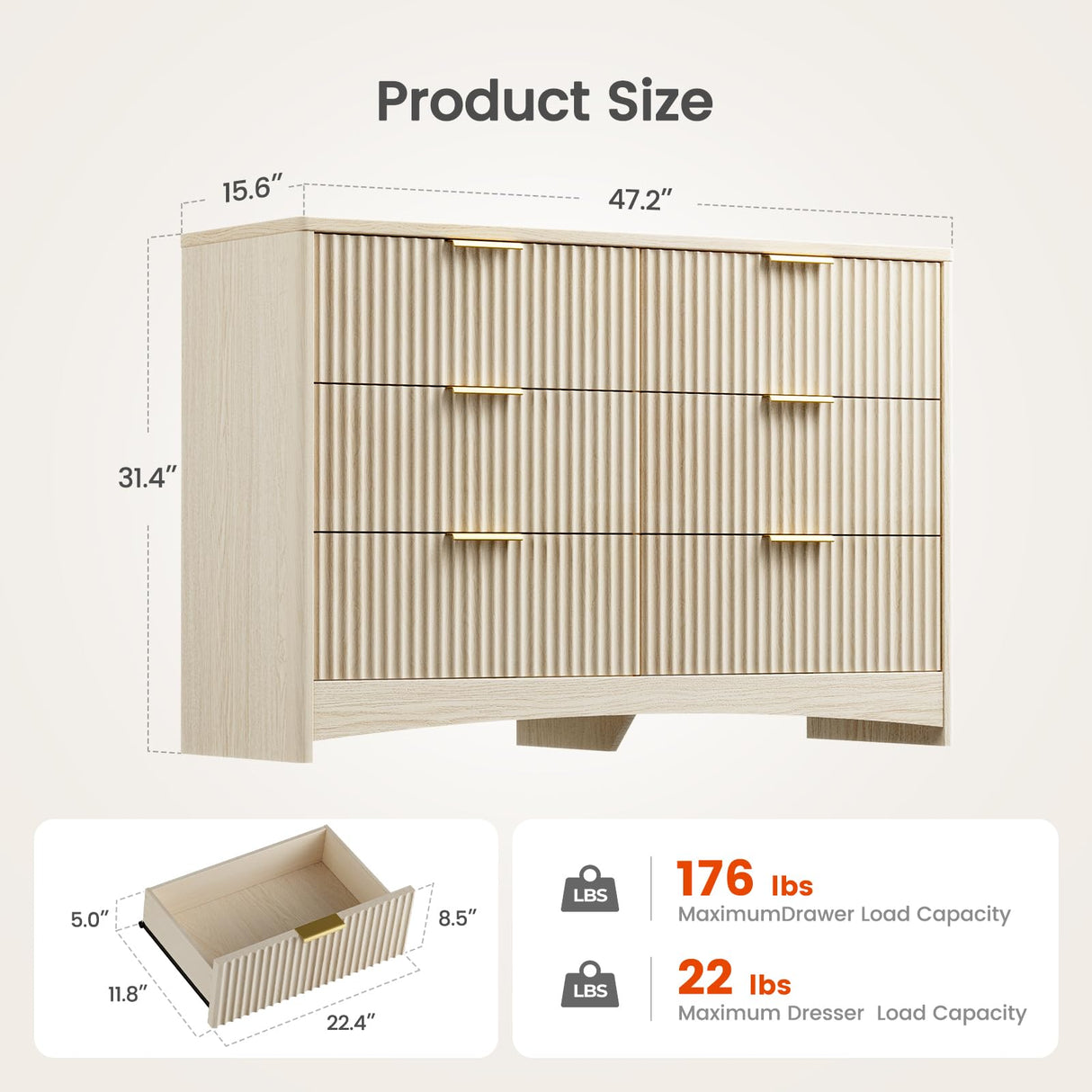 Amada Modern 6 Drawer Dresser, Fluted Wood Chest of Drawers with Rounded Corners, Pre-Installed Drawer Slides, Dresser TV Stand and Storage Organizer for Bedroom, Hallway, Natural Oak AMADA HOMEFURNISHING