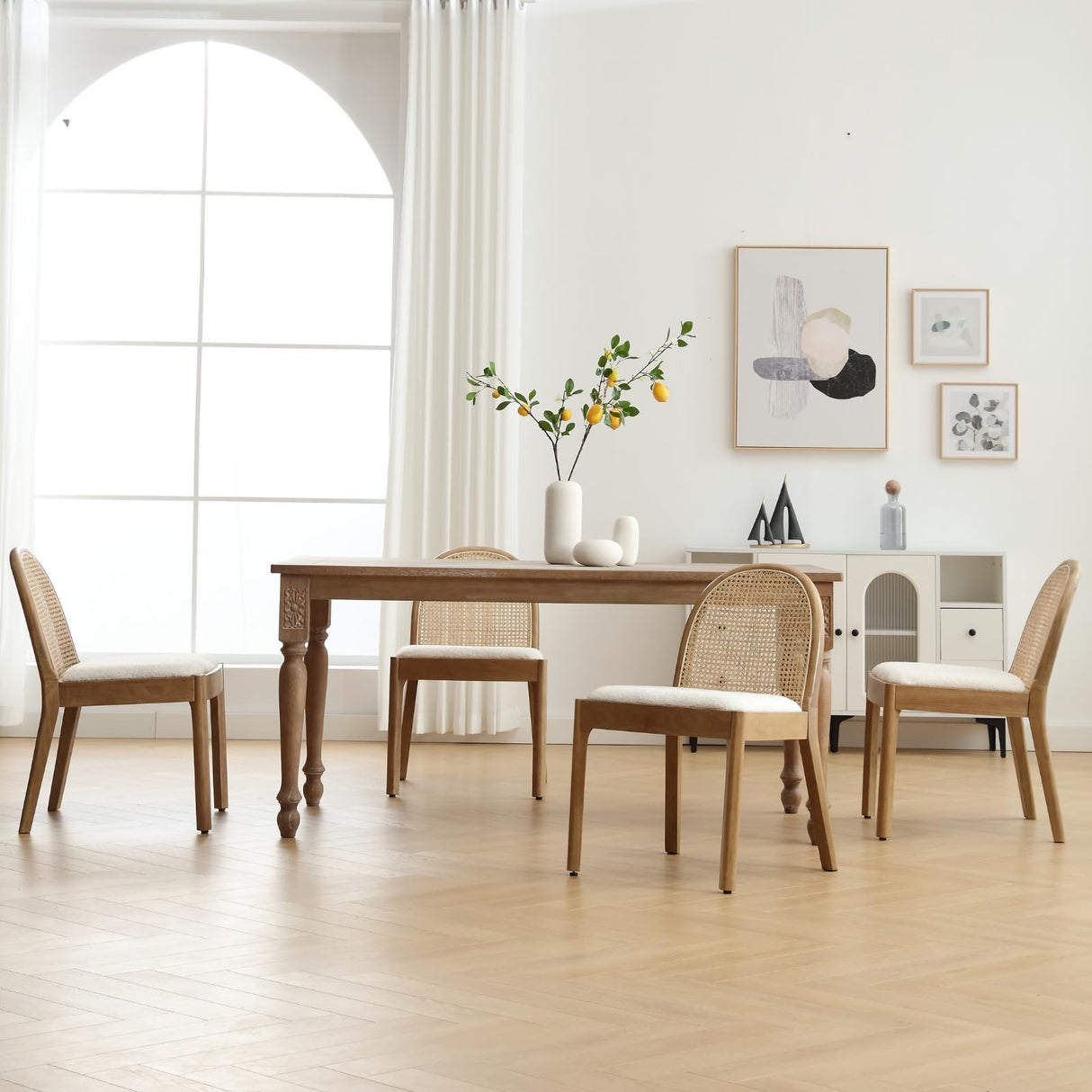 Ya-Home Mid Century Dining Chairs Set of 4, Accent Rattan Side Chairs Sherpa Fabric Kitchen Chair with Solid Wooden Legs for Living Room Dining Room, White Ya-Home