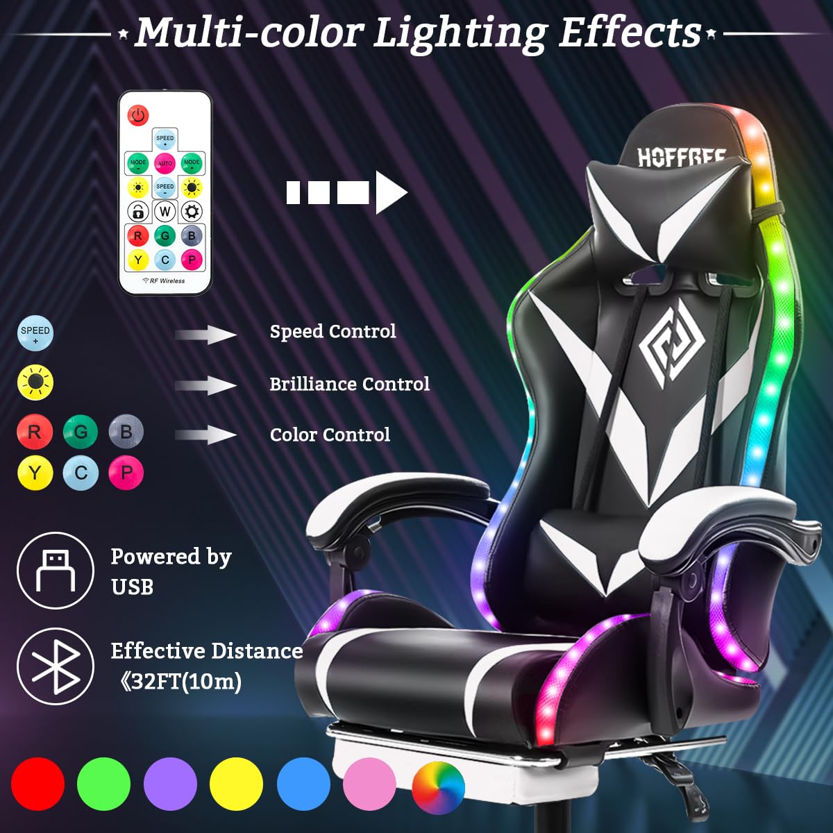 HOFFREE Gaming Chair with Massage and LED Lights Ergonomic Video Game Chairs with Footrest High Back Reclining Computer Chair with Adjustable Lumbar Support White and Black HOFFREE