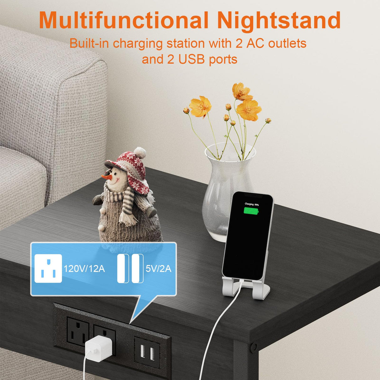 Fixwal Nightstands Set of 2 with Charging Station, End Tables with U-S-B Ports and Power Outlets, Narrow Bedside Table Set of 2 for Living Room, Farmhouse, Sofa Couch (Black) Fixwal