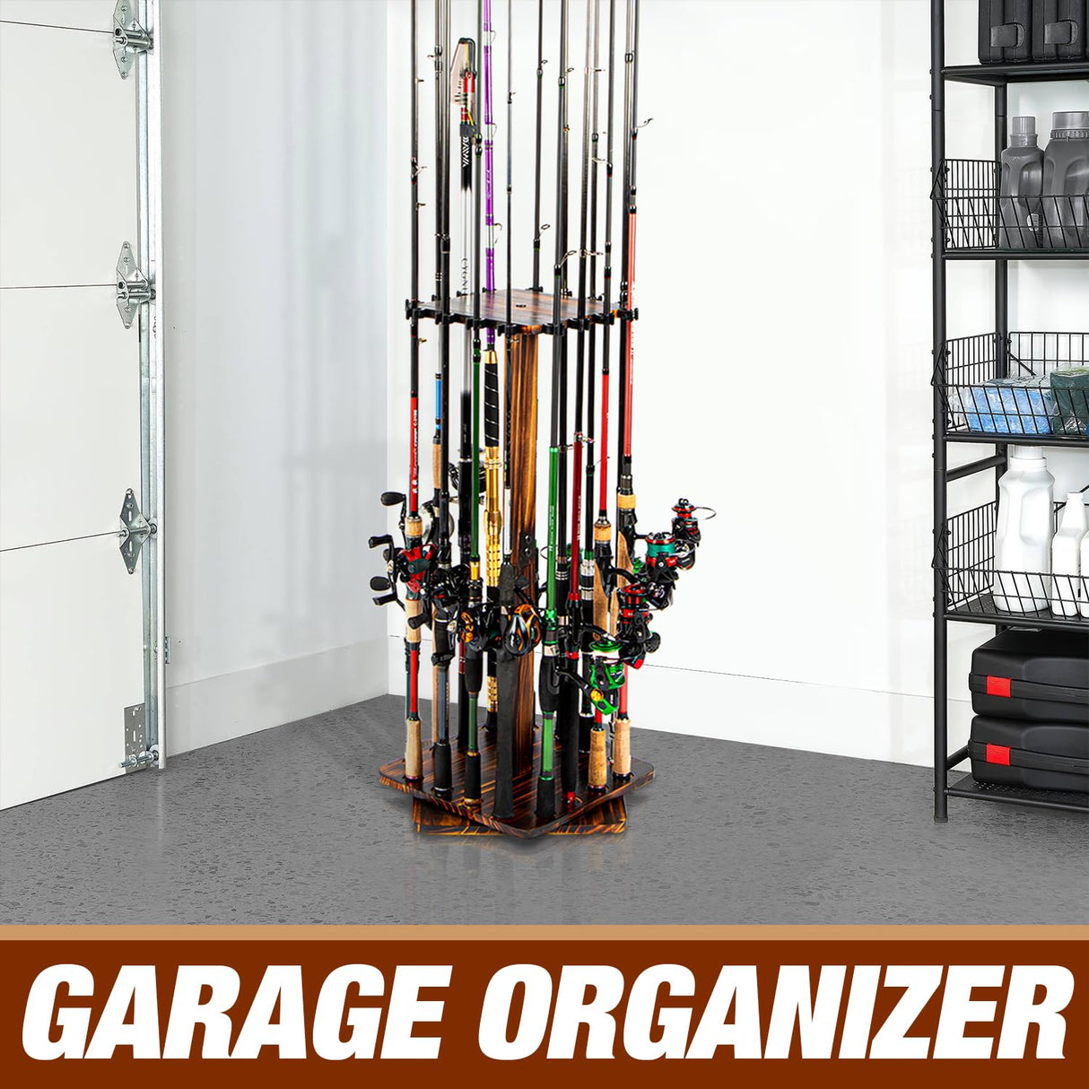 Ghosthorn Fishing Rod Holders for Garage 360 Degree Rotating Fishing Pole Rack, Floor Stand Holds up to 16 Rods Wood Fishing Gear Equipment Storage Organizer, Fishing Gifts for Men Women Ghosthorn
