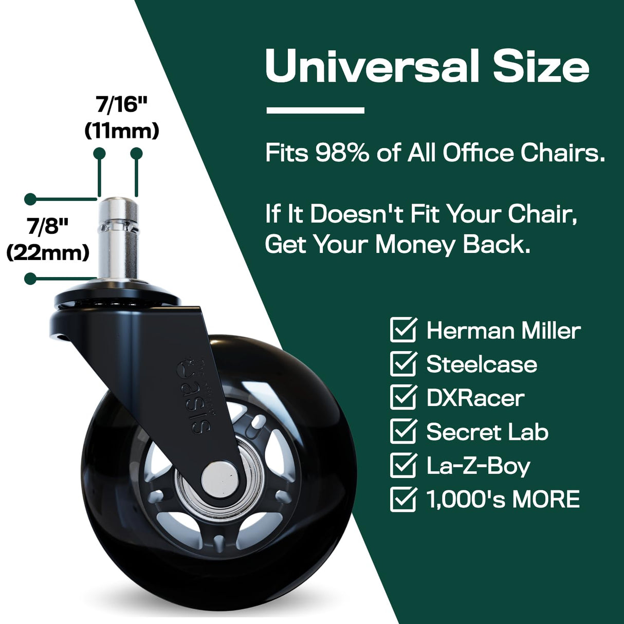 The Original Rollerblade Office Chair Wheels (As Seen On PBS) - Incredibly Smooth & Quiet Rolling Casters - Safe for Hardwood Floors & Carpet - Easy Installation with Universal Fit - Set of 5 - Black The Office Oasis