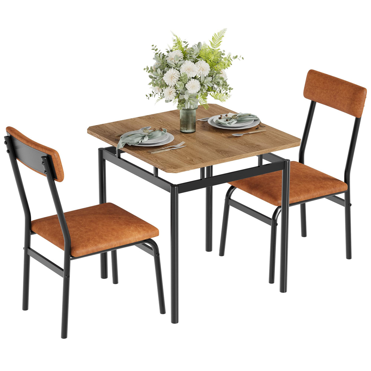 GarveeHome 3 Piece Dining Table Set, Wooden Kitchen Table Set with 2 PU Upholstered Chair, Industrial Metal Frame Dinette Set for Dining Room, Home Dinner, Party (Brown, 2 Chairs) GarveeHome