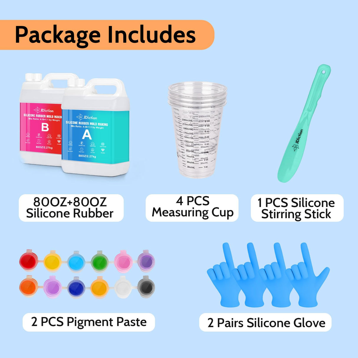 JDiction Silicone Mold Making Kit, 160OZ Super Elastic Liquid Silicone for Mold Making with Pigment Paste, Fast Cure Flex Silicone Rubber for Casting Resin Molds and Detail Molds(10A) JDiction