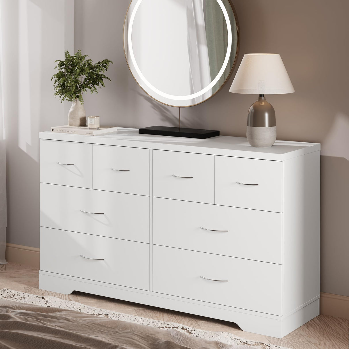 FansaFurn 8 Drawer Dresser, 55" Wide Chest of Drawers with Large Metal Handle, Modern Wood Drawer Organizer for Bedroom, Living Room, Hallway, Closet, White FansaFurn