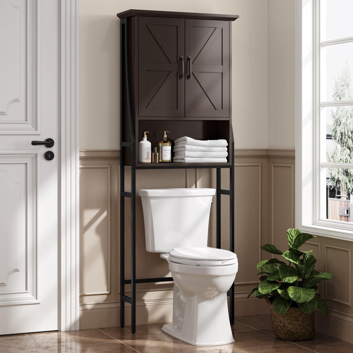MXARLTR Over The Toilet Rack for Bathroom, Over The Toilet Storage Cabinet, Over Toilet Bathroom Organizer with Double Barn Doors Space Saver Rack Above Toilet Storage Cabinet (Espresso) MXARLTR