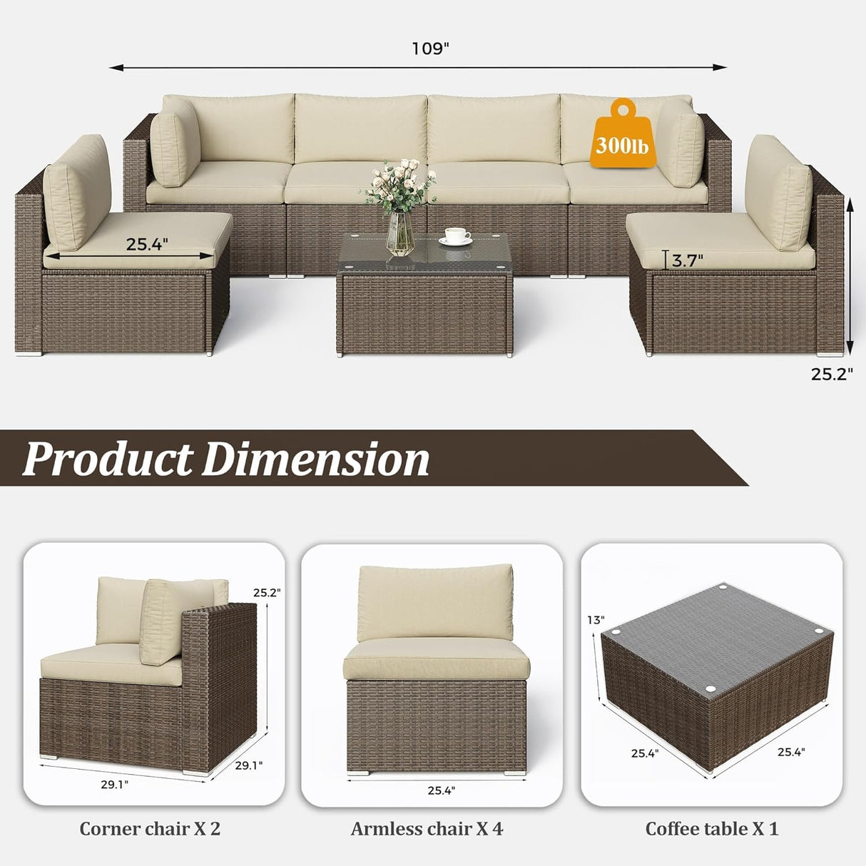 SUNVIVI OUTDOOR 7 Piece Patio Furniture Sets All Weather Gery PE Wicker Couch Sofa with Glass Table, Removable Beige Cushions, Brown Rattan SUNVIVI OUTDOOR