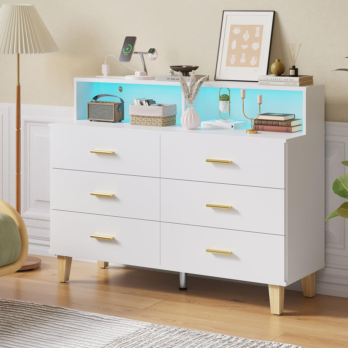knoworld White 6 Drawer Dresser for Bedroom, Chest of Drawers with LED Light and Power Outlet, Tall Wide Dresser for Organizer Cabinet Bedroom,Living Room,Hallway, Entryway, Bedroom knoworld