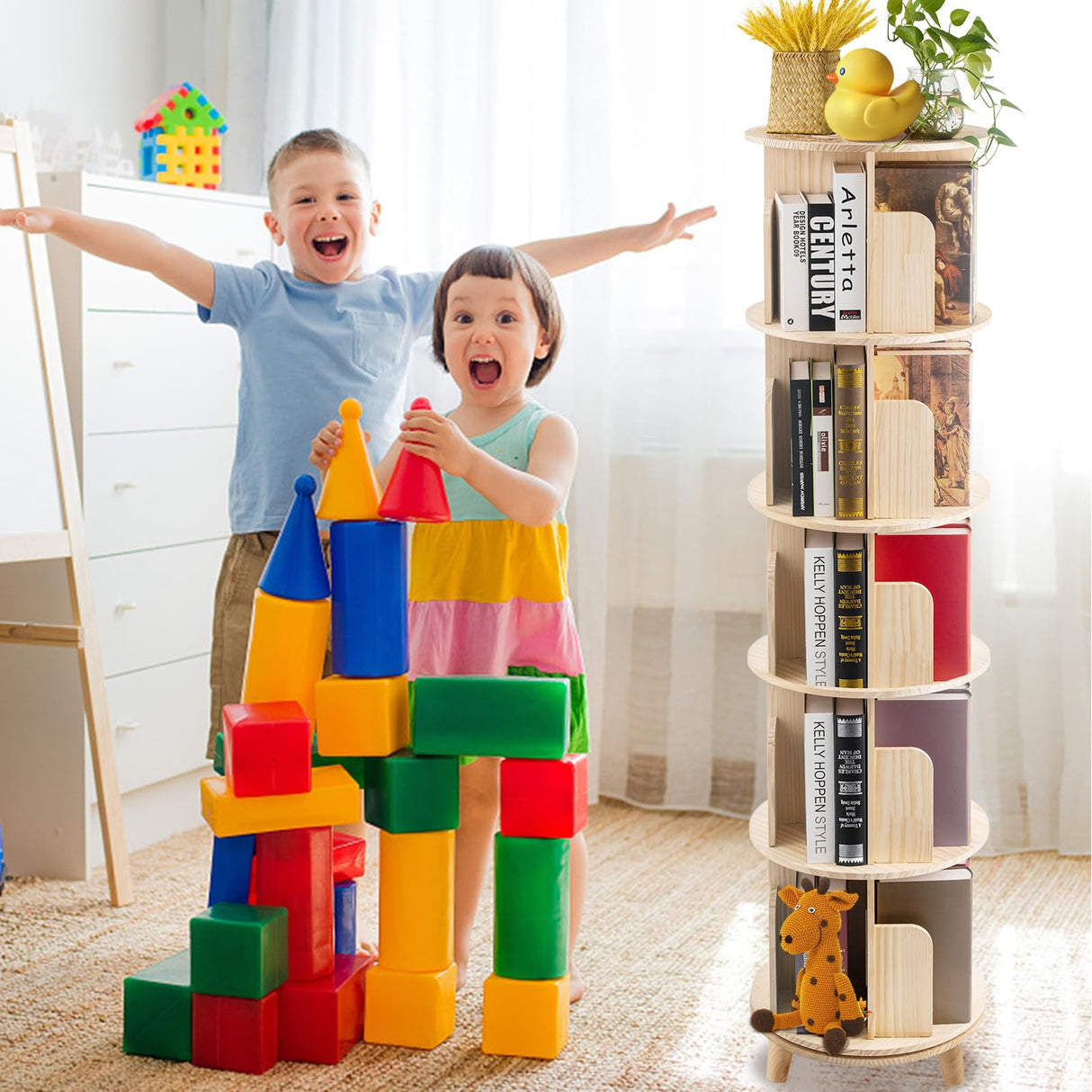 ZBPRESS 5-Tier Rotating Wood Bookshelf with Legs - 360° Space-Saving Storage Solution ZBPRESS