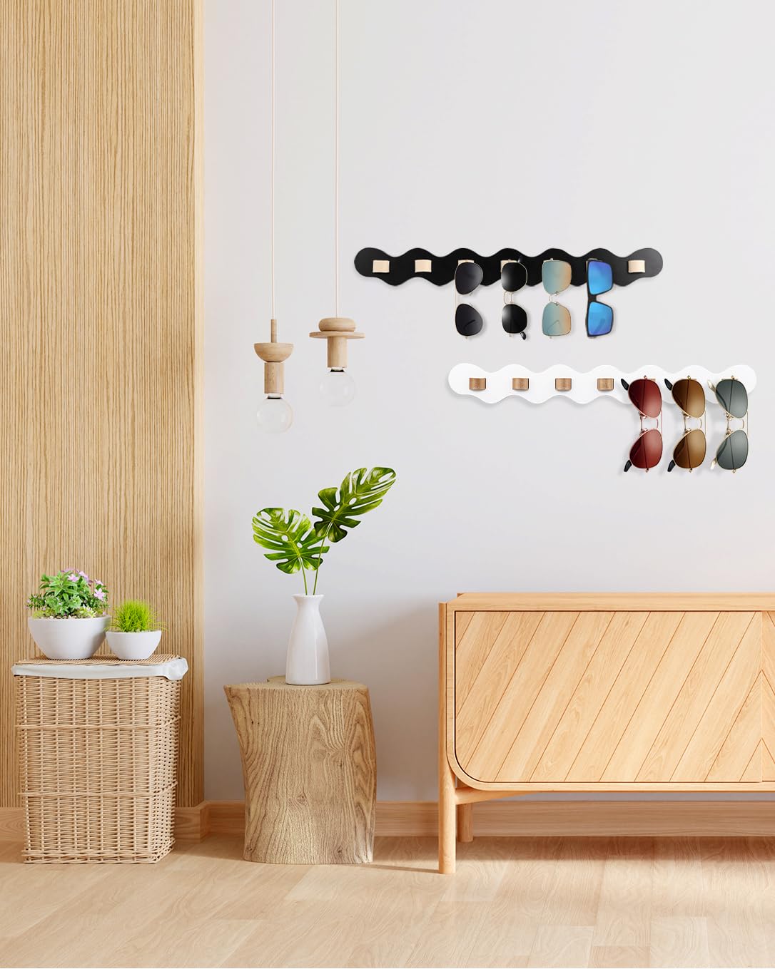 ONULISS Beechwood Sunglasses Organizer Wall, Wall Mounted Sunglass Holder, Hanging Eye Glasses Organizer Storage with 7 Slots, Sun Glass Holder (White) ONULISS