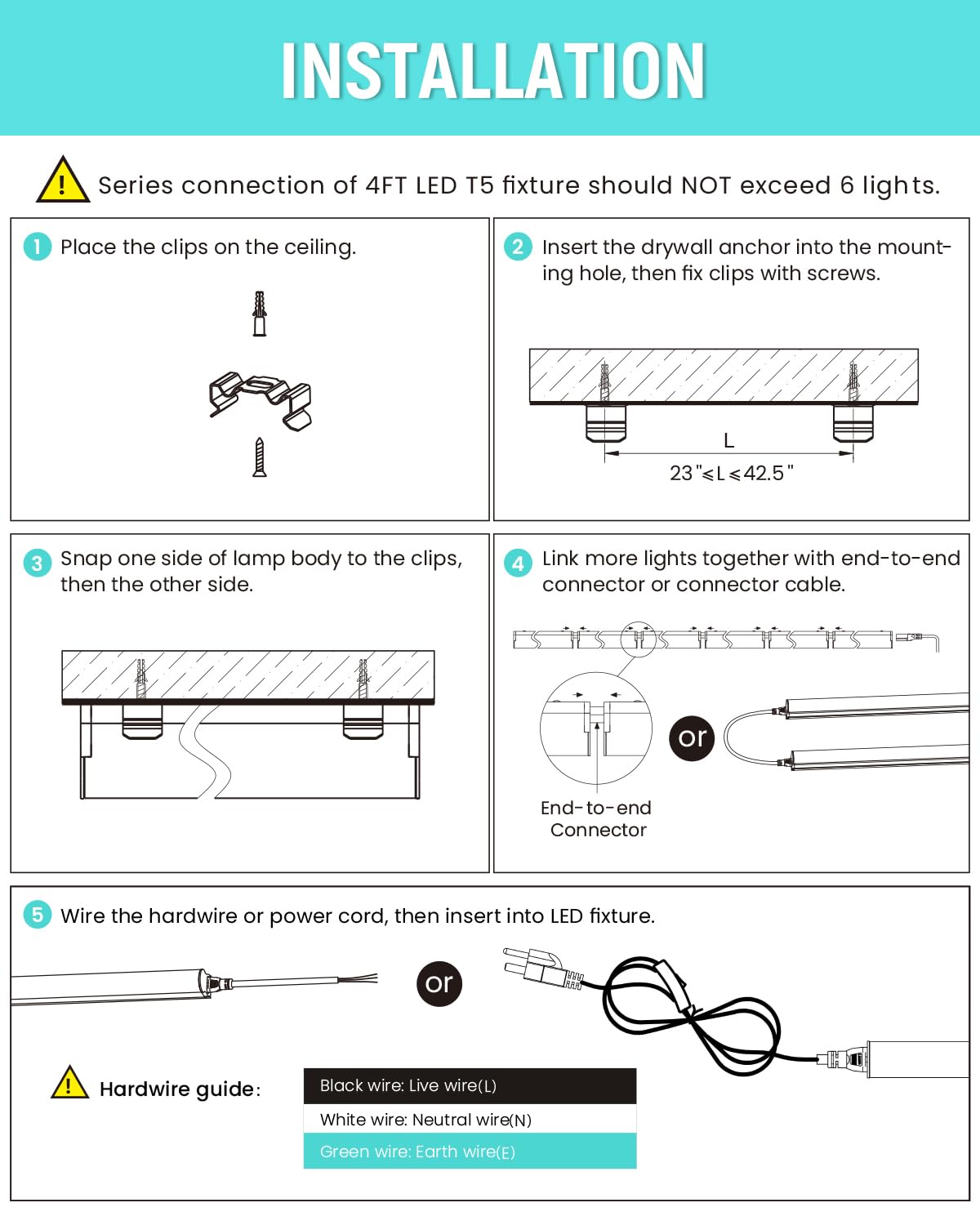 SUNLINKCO (6 Pack) 4FT T5 LED Integrated Fixture, 6500K,20W,2300LM(Super Bright White) Linkable LED Shop Light,Garage Ceiling and Cabinet Light,Strip Light,Corded Electric with ON/Off Switch SUNLINKCO