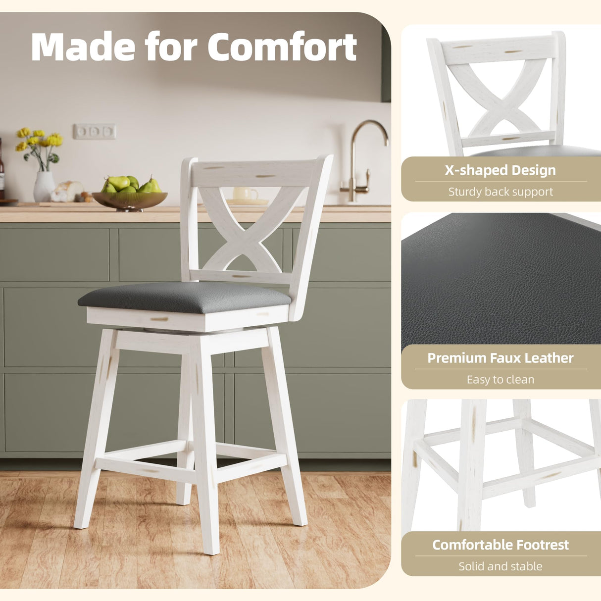 Swivel Bar Stools Set of 2, Swivel Barstools with Solid Footrest & Faux Leather Upholstered Seat, Island Chairs with Back for Kitchen, Dining Room (Antique White) (24-inch) Buytime