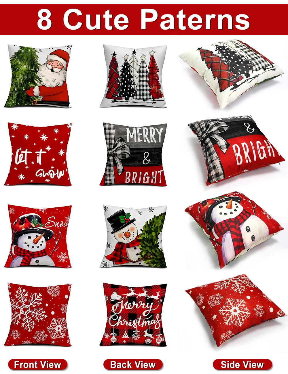 Multiwins Double-Sided Print Christmas Pillow Covers Set of 4, 18" x 18", 8 Cute Christmas Decor Patterns, Perfect for Home Decor multiwins