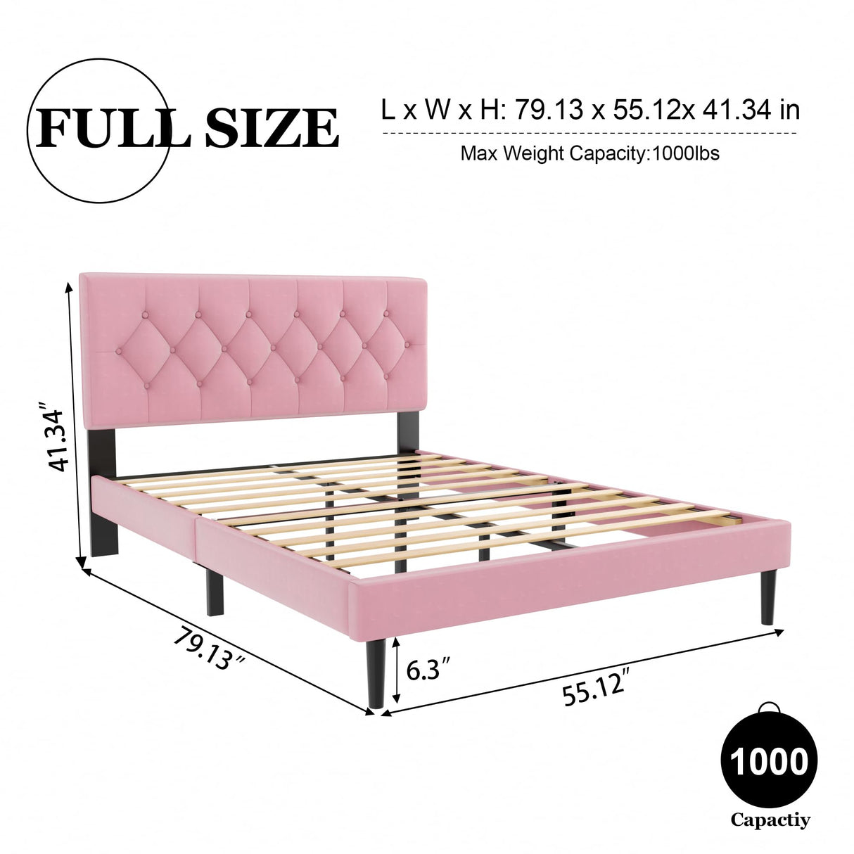 HAOARA Full Size Platform Bed Frame with Upholstered Button Tufted Headboard, Mattress Foundation with Wooden Slat Support, Noise Free, No Box Spring Needed, Easy Assembly, Pink Velvet HAOARA