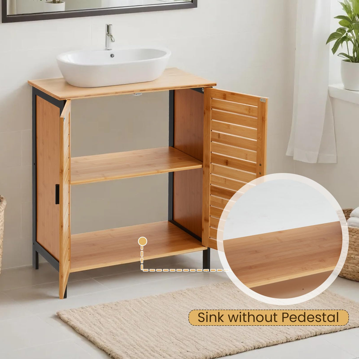 Danrelax 24" Bamboo Pedestal Under Sink Storage Vanity Cabinet, Solid Waterproof Sliding Door Bathroom Organizer with Adjustable Shelf, Modern Bathroom Furniture(Top Cutout, Not for Floor Drain) Danrelax