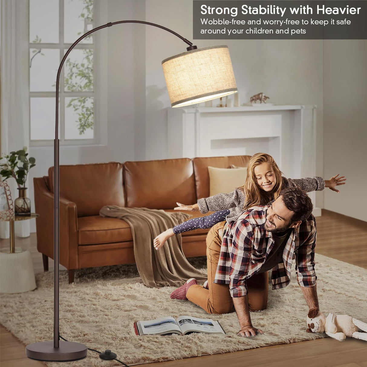 Floor Lamp for Living Room, Arc Floor Lamp with Adjustable Head, Modern Arched Floor Lamp with On/Off Pedal Switch, Over Couch Tall Standing Hanging Light for Reading, Bedroom, Office (Brown) Seaside village