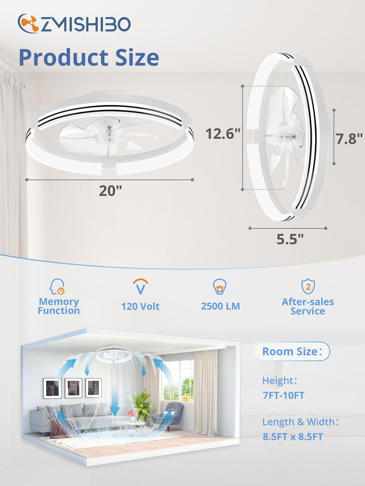 ZMISHIBO Low Profile Ceiling Fans with Lights and Remote, 20 Inch Flush Mount Ceiling Fan with Light, 3000K-6000K Dimmable Fandelier LED Fan Light, 6 Wind Speeds White Ceiling Fans for Bedroom ZMISHIBO