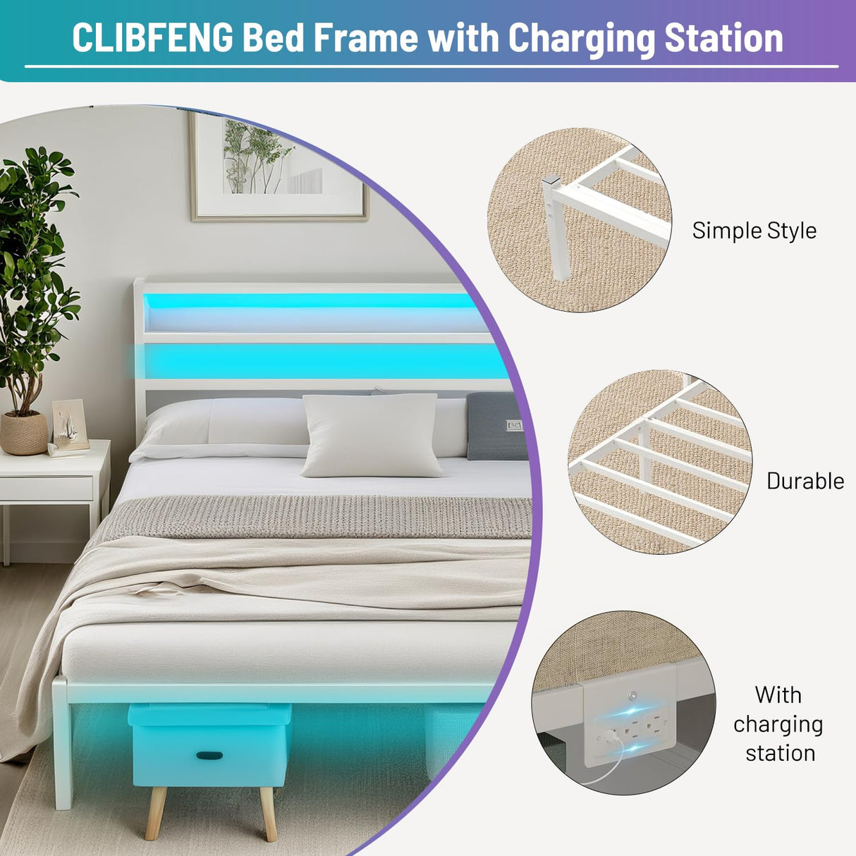 CLIBFENG Full Size Bed Frame with Headboard,Heavy Duty Steel Slats Support-LED Bed Frame with USB Charging Station,Metal Platform Bed Frame-Under Bed Storage, No Box Spring Needed, Noise Free,White CLIBFENG