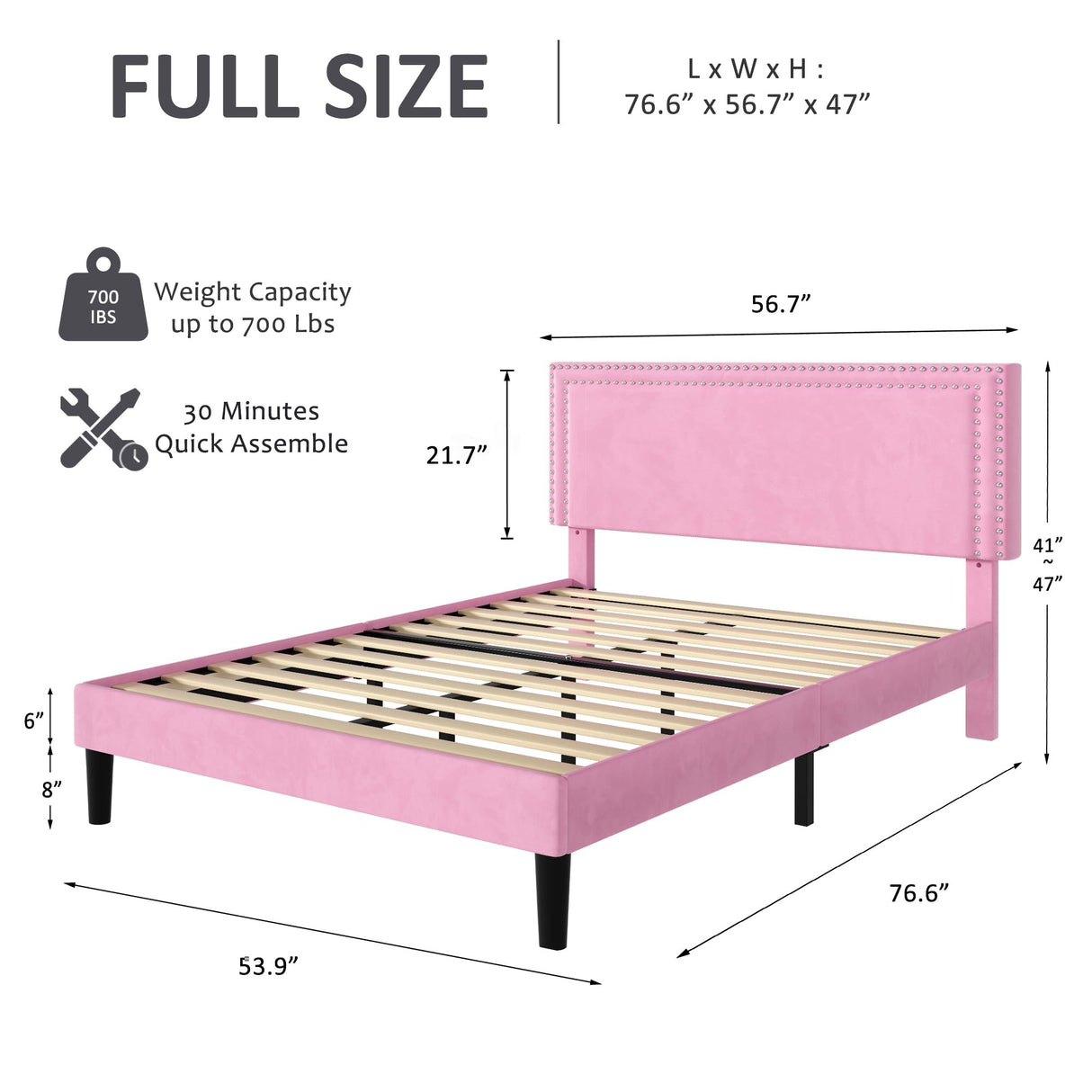 VECELO Full Size Bed Frame with Adjustable Upholstered Headboard, Wooden Slats Platform, Noise-Free Design, Easy Assembly VECELO