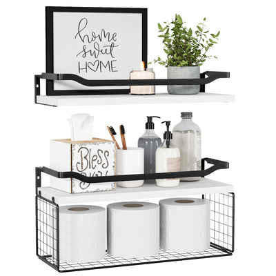 WOPITUES Floating Shelves with Wire Storage Basket, Bathroom Shelves Over Toilet with Protective Metal Guardrail, Wood Wall Shelves for Bathroom Organizers and Storage, Toilet Paper-White