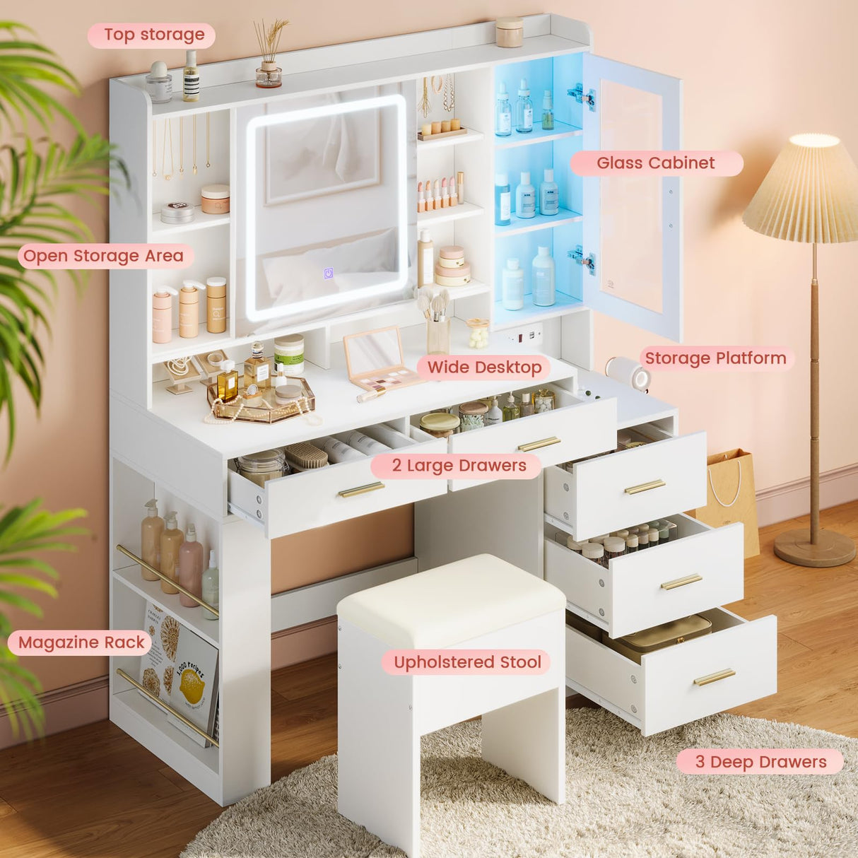 DICTAC Makeup Vanity Desk with Sliding LED Lighted Mirror, 47.2"W Large Vanity Desk with Drawers, Shelves and Side Storage, RGB Glass Cabinet, White Vanity Table Set with Charging Station for Bedroom DICTAC