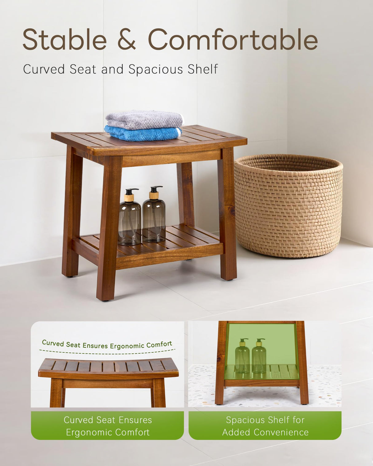 Upolana Outdoor Shower Bench, 20" Solid Acacia Wood Shower Stool Waterproof Shower Seat with Storage Shelf for Bathroom - SB001 Upolana