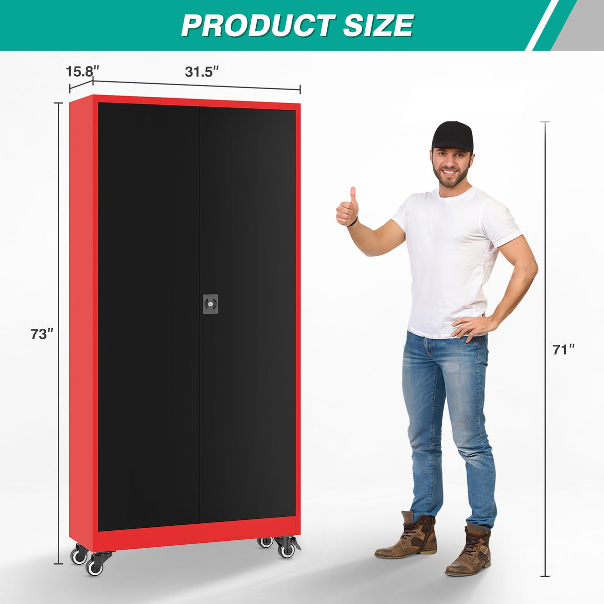 SISESOL Metal Storage Cabinet with Wheels,Rolling Garage Storage Cabinet with Lock,Red Metal Cabinet on Wheels,Tall Tool Storage Cabinet on Wheels for Garage,Home,Office,Shop SISESOL