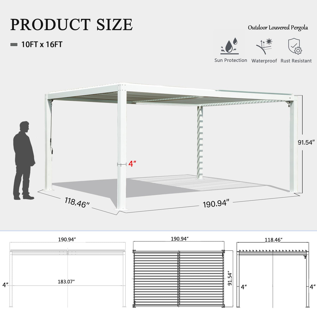 Domi Outdoor Louvered Pergola 10x16FT with Adjustable Steel Roof, Outdoor Aluminum Structure Rainproof Pergola for Backyard, Garden and Lawn,White domi outdoor living