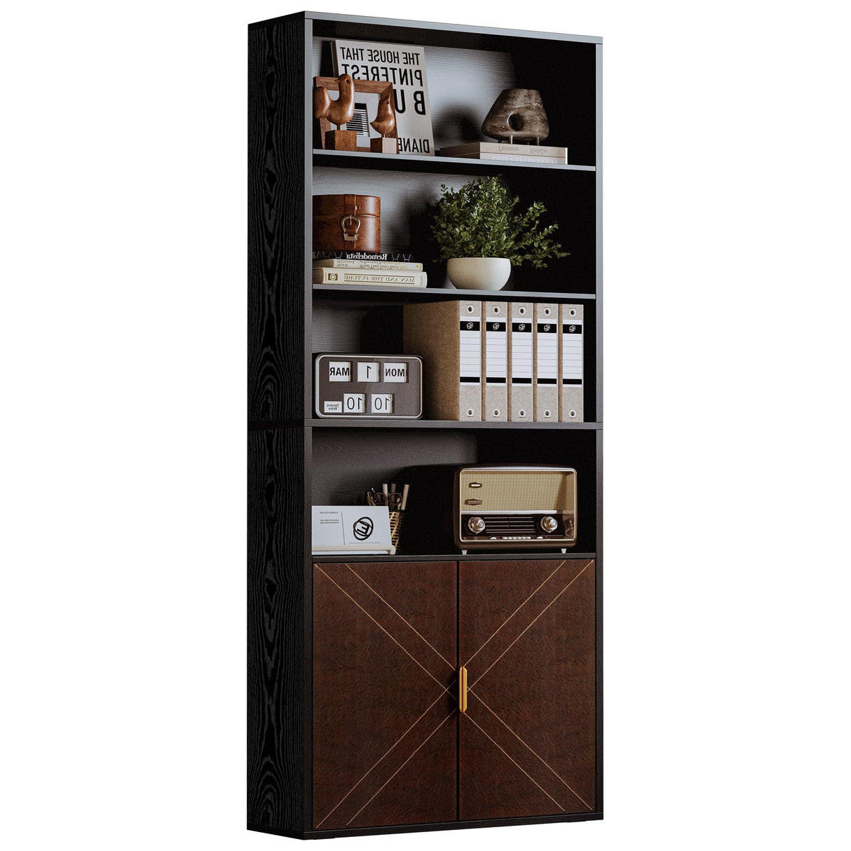 IRONCK Book Shelf and Bookcase with Leather Doors, 70" Tall Bookshelf, 6 Tier Display Case Floor Standing for Home Office, Living Room, Black IRONCK