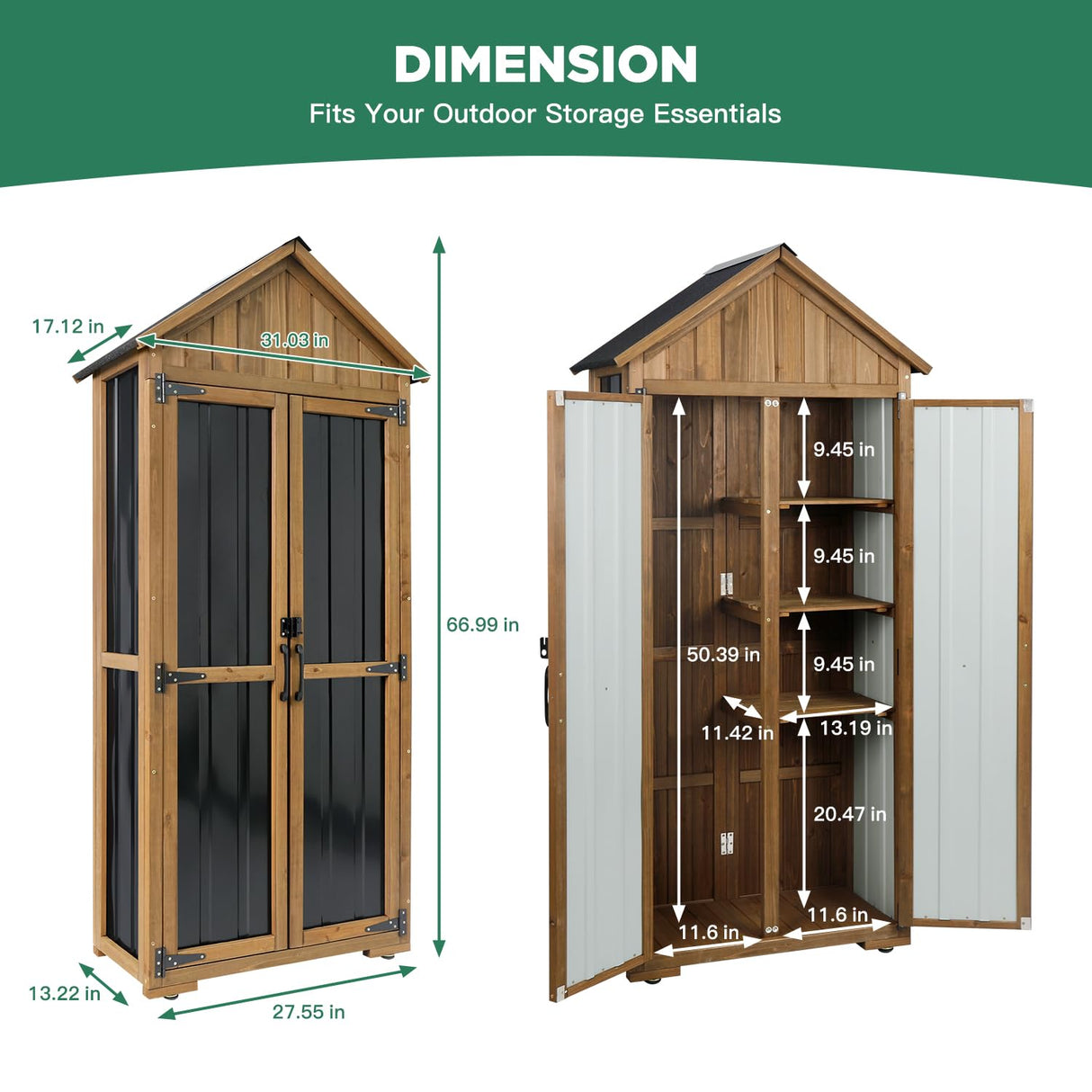 Ketive Outdoor Storage Cabinet – Weatherproof Wood & Metal Storage Shed with Adjustable Shelf, Lockable Doors, and Stability Features for Garden, Patio, and Backyard, 27 1/2”x 13”x 67” (Brown+Black) ketive