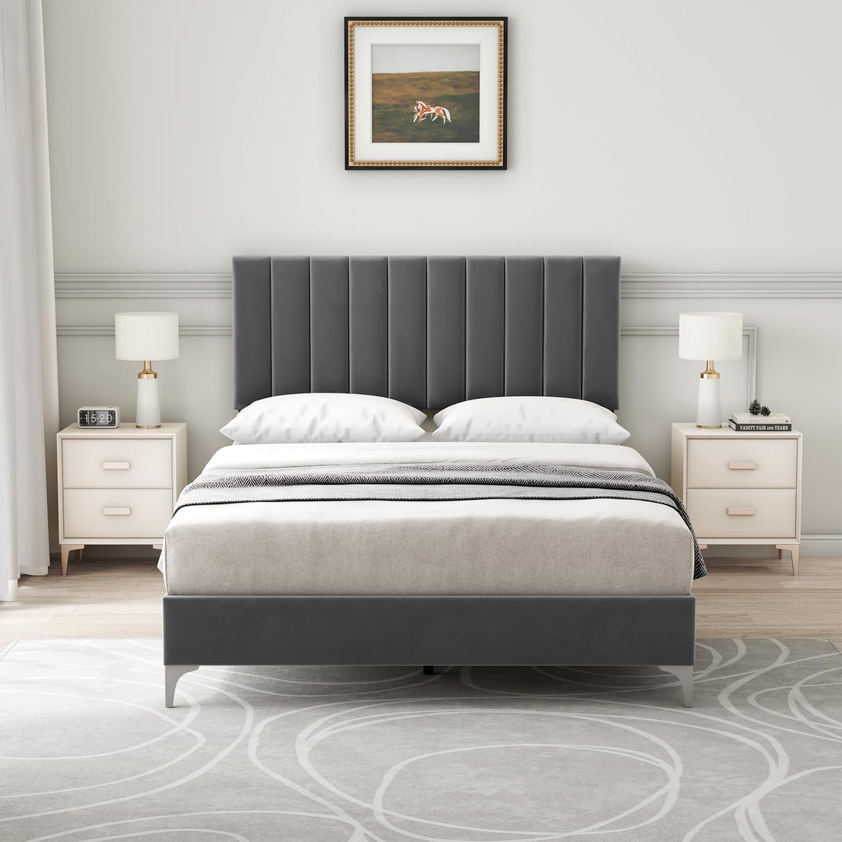 Amyove Full Size Bed Frame with Adjustable Headboard, Velvet Upholstered Platform Bed Frame with Wooden Slats Support, No Box Spring Needed, Easy Assembly, Dark Grey (Full) Amyove
