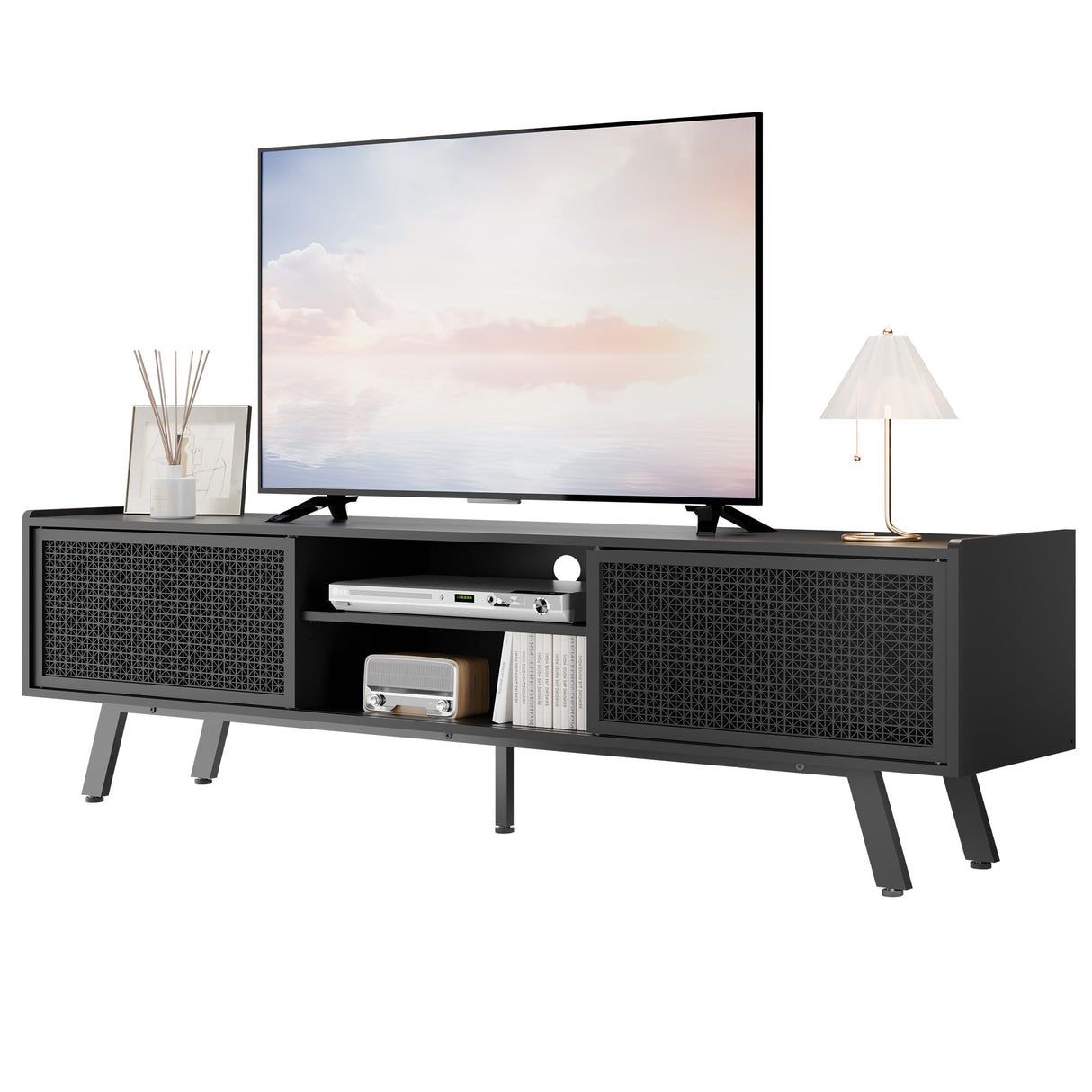 Buytime Black TV Stand for 65 70 Inch TV, Modern Iron Rattan TV Console with Sliding Door, Entertainment Center with Storage and Adjustable Shelves, Media Console for Living Room and Bedroom Buytime