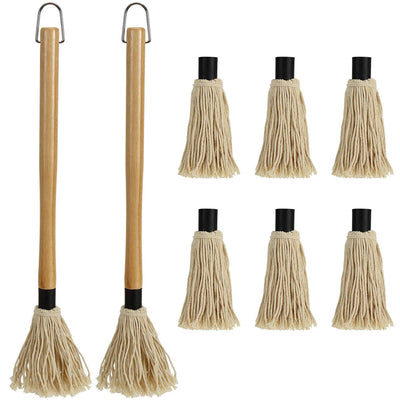 Hedume 2 Pack BBQ Basting Mop with 6 Extra Replacement Heads, Grill Basting Mop Wooden Long Handle Perfect for BBQ Grilling Smoking Steak (18.2 Inch)