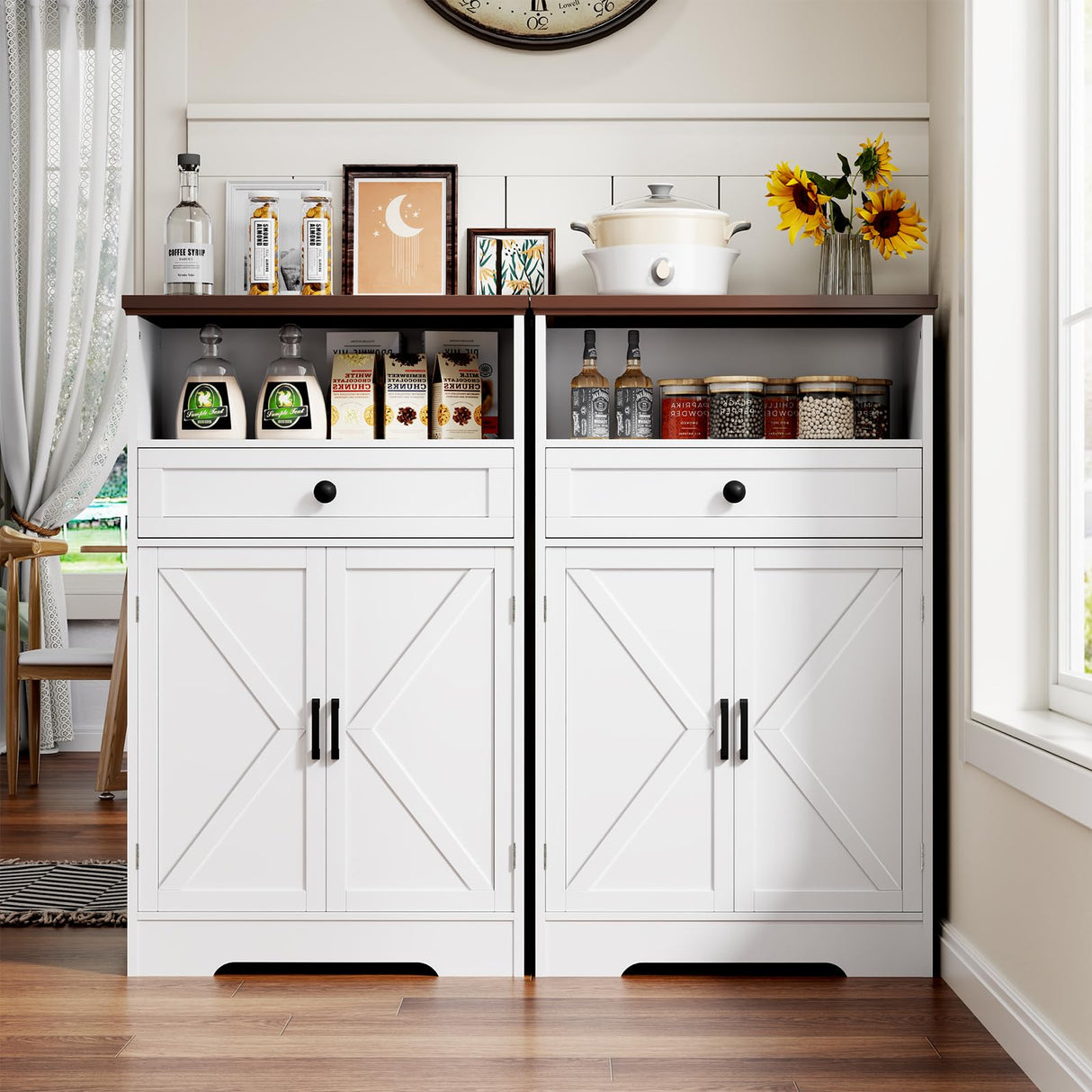 Viroformo White Floor Cabinet, Farmhouse Storage Cabinet with Barn Doors and Drawer, Freestanding Adjustable Shelf Cabinets for Bathroom, Kitchen, Living Room Viroformo