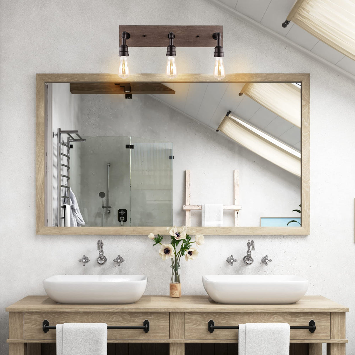 JONATHAN Y JYL1325A Corbett 22.13" 3-Light Rustic Farmhouse Iron LED Vanity Bohemian Industrial Bathroom Hallway Living Room Bedroom Mirror Cabinet, Oil Rubbed Bronze/Brown Wood Finish JONATHAN Y