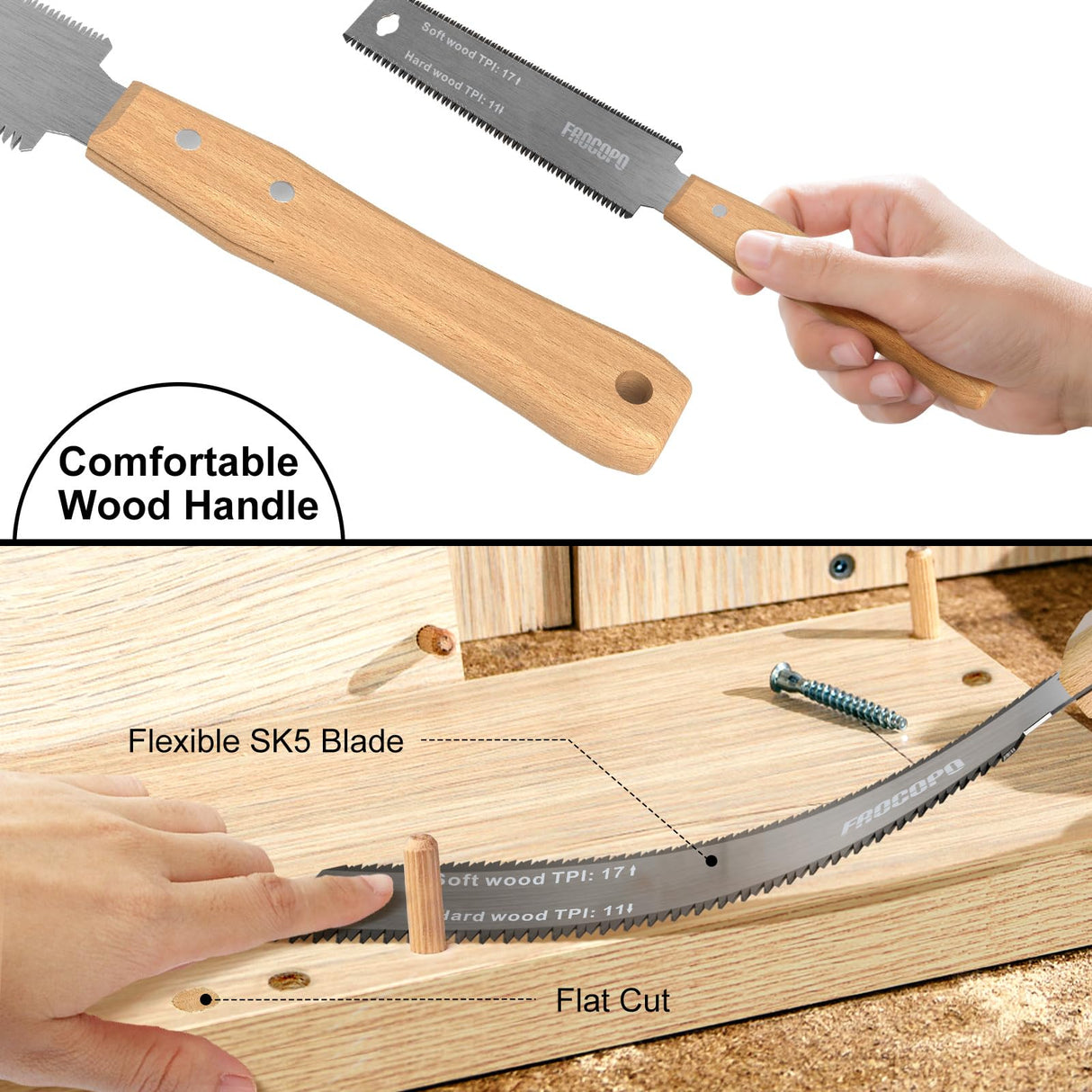 Frocopo Hand Saw Woodworking Tools, 6-Inch Pull Saw, Flexible Double-Edge Blade 17/11 TPI, Japanese Flush Cut for DIY Craft, Non-Slip Wood Handle, Sharp & Lightweight for Woodworking and Garden Trim Frocopo