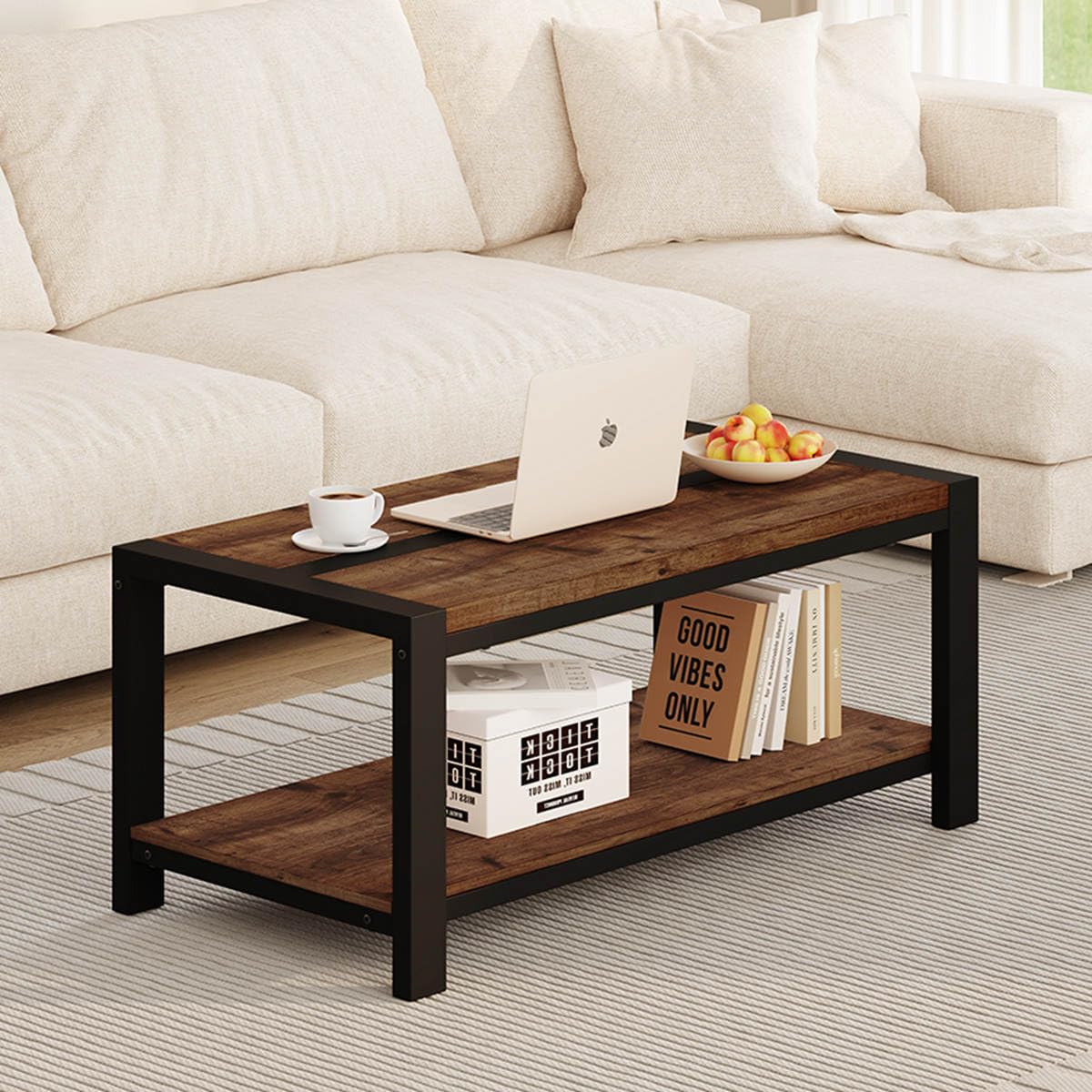 BON AUGURE Coffee Table for Living Room, Industrial Wood and Metal Living Room Tables, Farmhouse Rectangular Center Table (Rustic Oak, 43 Inch) BON AUGURE