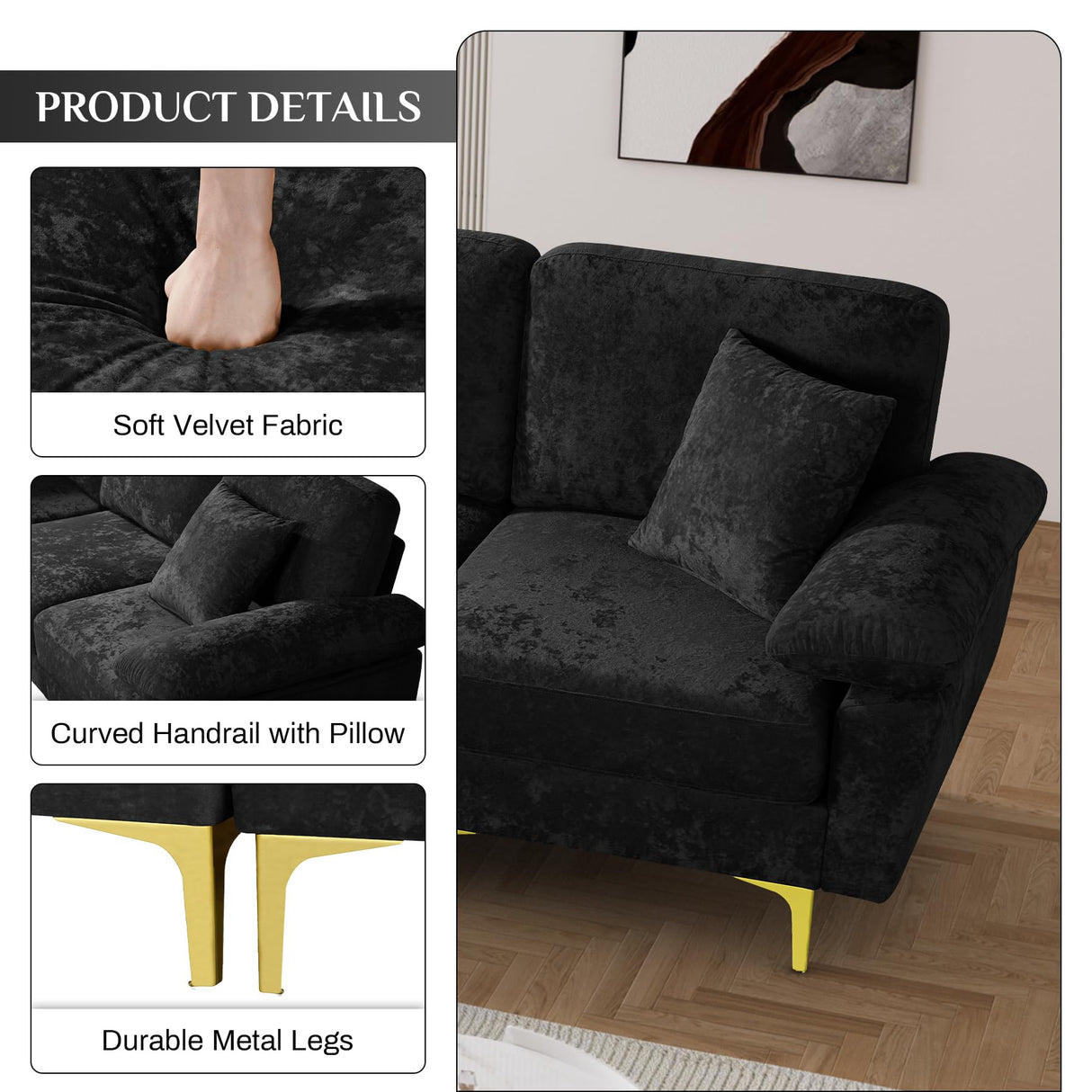 OUYESSIR L Shaped Sectional Sofa Couch, 3 Seat Velvet Sofa with Ottoman and Pillows, Upholstered Comfy Couch Sleeper for Living Room, Bedroom, 91 inches (Black) OUYESSIR