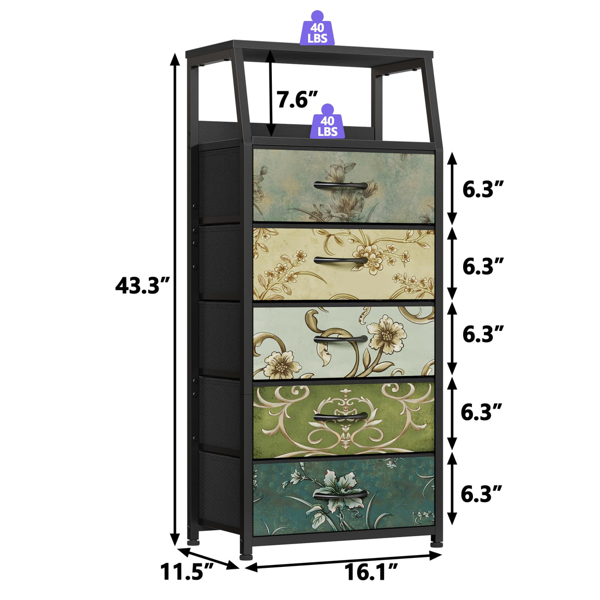 Furnulem Retro 5 Drawers Dresser, Tall Dressers for Bedroom, Closet, Hallway, Nursery, Fabric Storage Tower Organizer, Vertical Nightstand Side Table Furniture, Steel Frame, Wood Top Furnulem