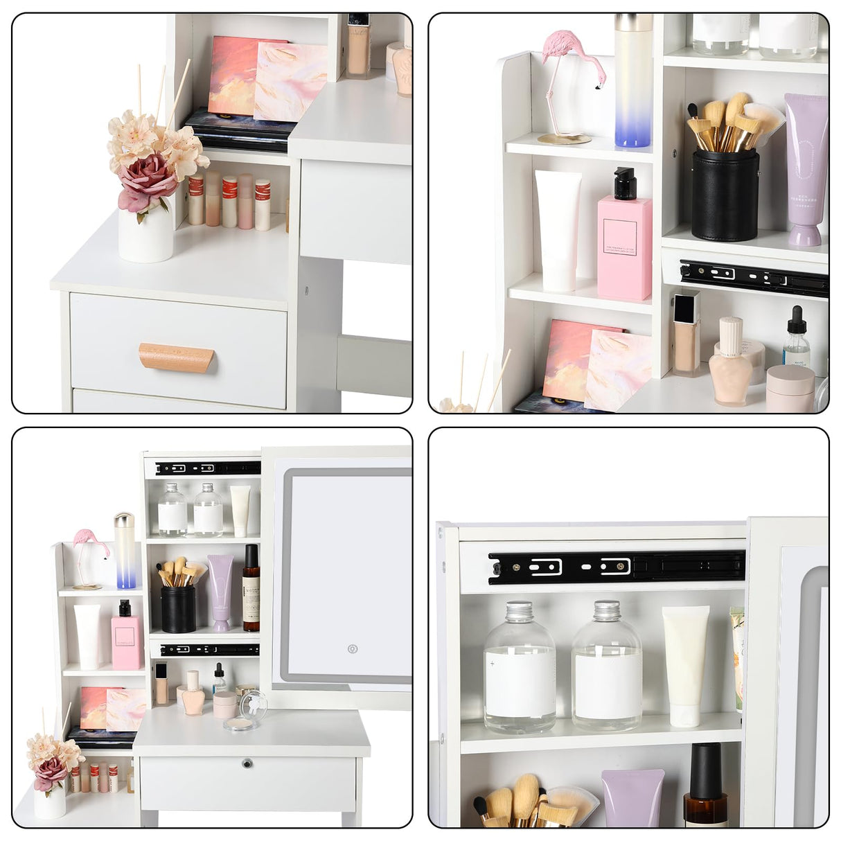 cdar Makeup Vanity Desk with Mirror and Lights, 3 Colour Light Modes Bedroom Dressing Table wih Drawers Shelves Chair Wooden Handles and a Lock Easy cdar