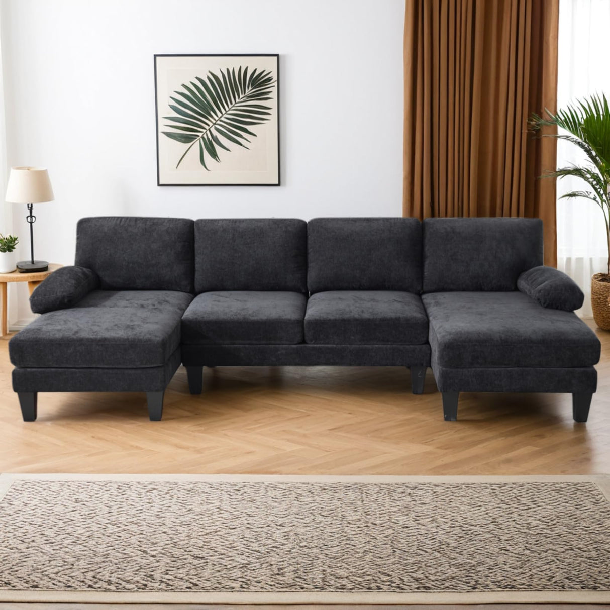 Karl home U-Shape Sectional Sofa Couch 111" Modern 4-Seat Sofa with Chaises Chenille Fabric Upholstered Covertible Couch with Wood Grain Legs for Living Room, Reception Room, Apartment, Black Karl home
