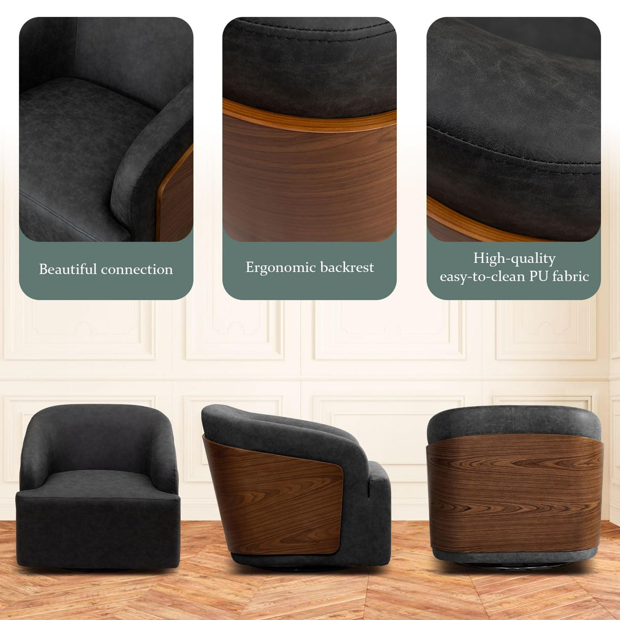 BALIAA 2pcs Swivel Accent Chair Faux Leather Swivel Barrel Chair Comfortable Mid Century Modern Chair Upholstered Metal Base Armchair for Living Room Bedroom Office Large Vintage Black BALIAA