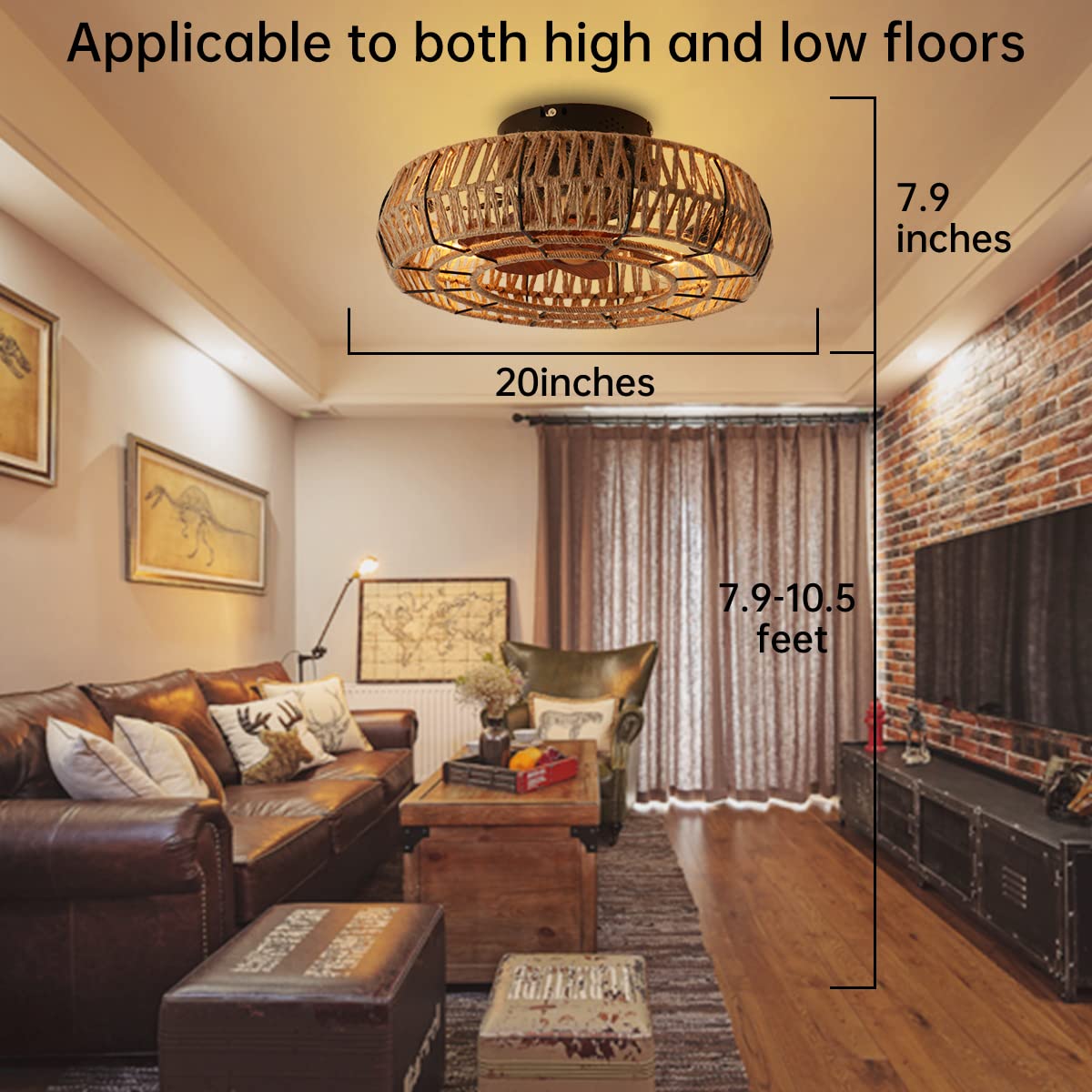 Letmarey 20" Caged Ceiling Fans with Lights and Remote, Boho Flush Mount Ceiling Fan with Light, Low Profile Chandelier 6 Speed Bladeless Reversible Ceiling Fan w/ 4 Bulbs. for Living Room Bedroom. Letmarey