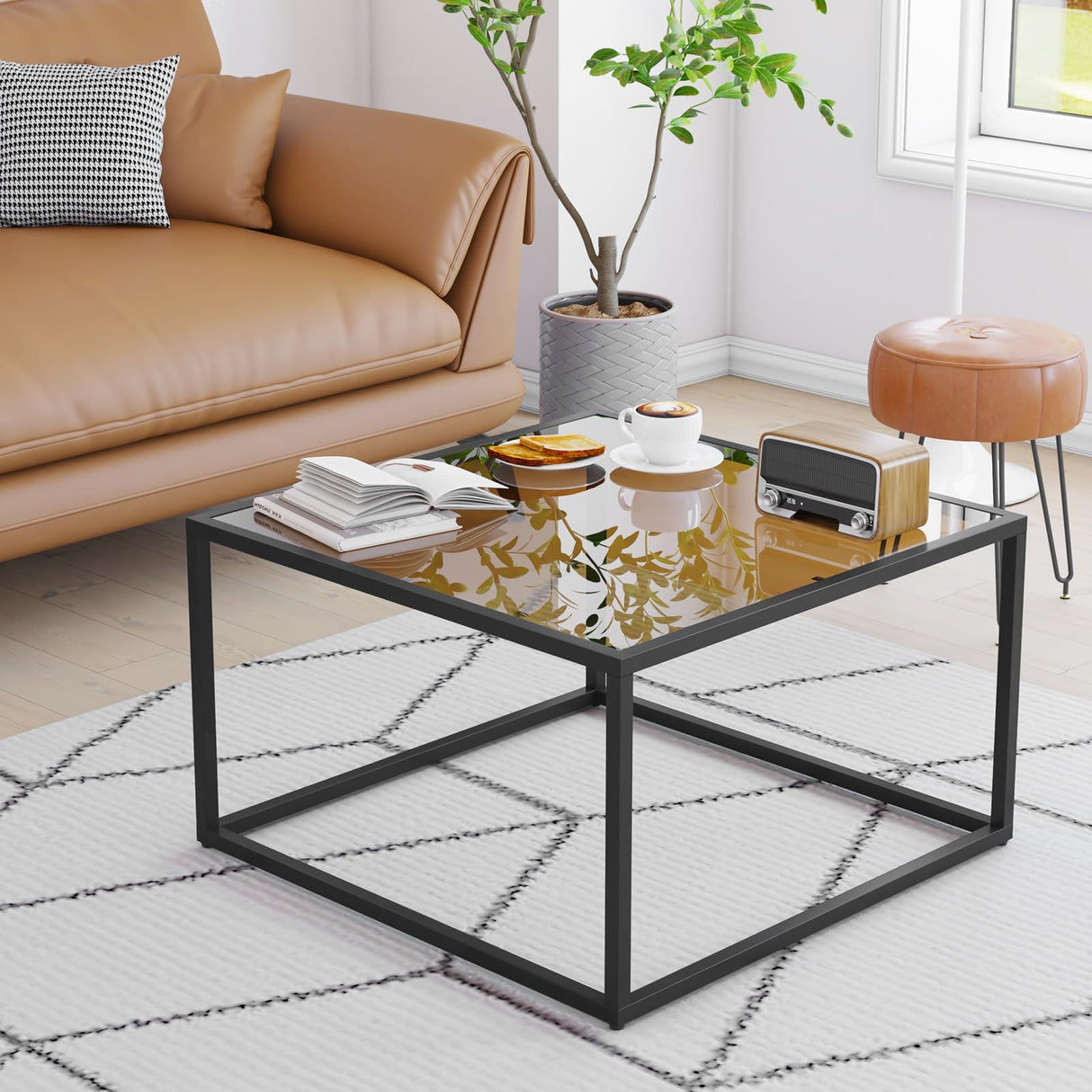 YMYNY Glass Coffee Table, Tempered Glass Square Coffee Tables with Metal Frame, Unique Modern Table for Living Room Home Office 26.77" x 26.77" x 15.75", Dark Brown, UHCT001T YMYNY