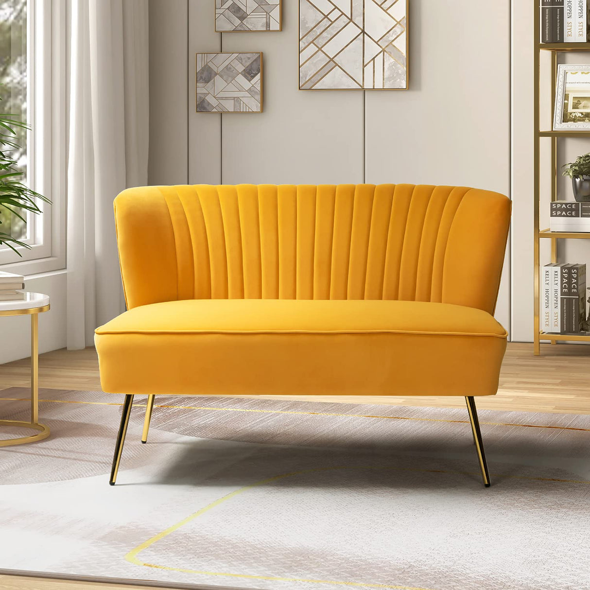 Tina's Home Mid-Century Velvet Loveseat Sofa, Upholstered Loveseat Couch with Golden Metal Legs, Small Tufted 2-Seat Sofa Armless Love Seat for Living Room, Bedroom, Apartment Small Spaces, Mustard TINA'S HOME