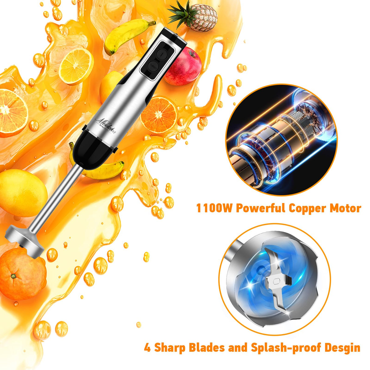 Immersion Blender Handheld, 1100W 5-in-1 Multi-Purpose Hand Blender, 12-Speed Stick Blender, 600ml Beaker, 500ml Chopper, Egg Whisk, Milk Frother, Black MOOKA FAMILY