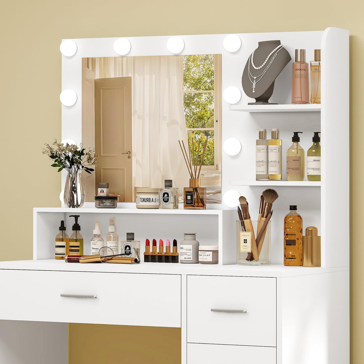 Quimoo Makeup Vanity Desk with Mirror & Lights, Vanity Desk with 5 Drawers & Storage Shelves, Vanity Table, 3 Color Modes & Adjustable Brightness Dressing Table, Bedroom Quimoo