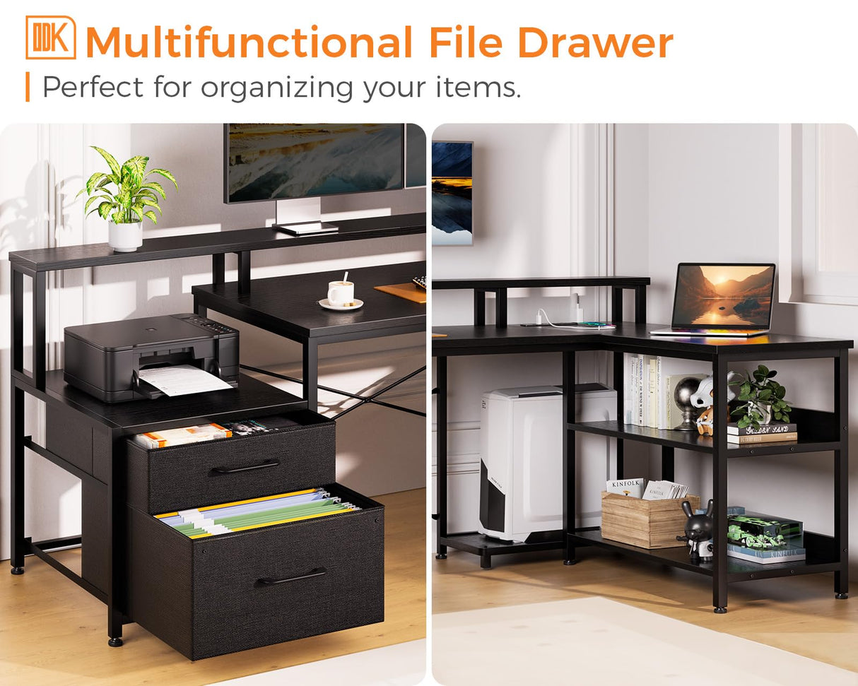 ODK 75" Reversible L Shaped Desk with LED Lighting, Power Outlet, and Ample Storage Solutions in Black ODK