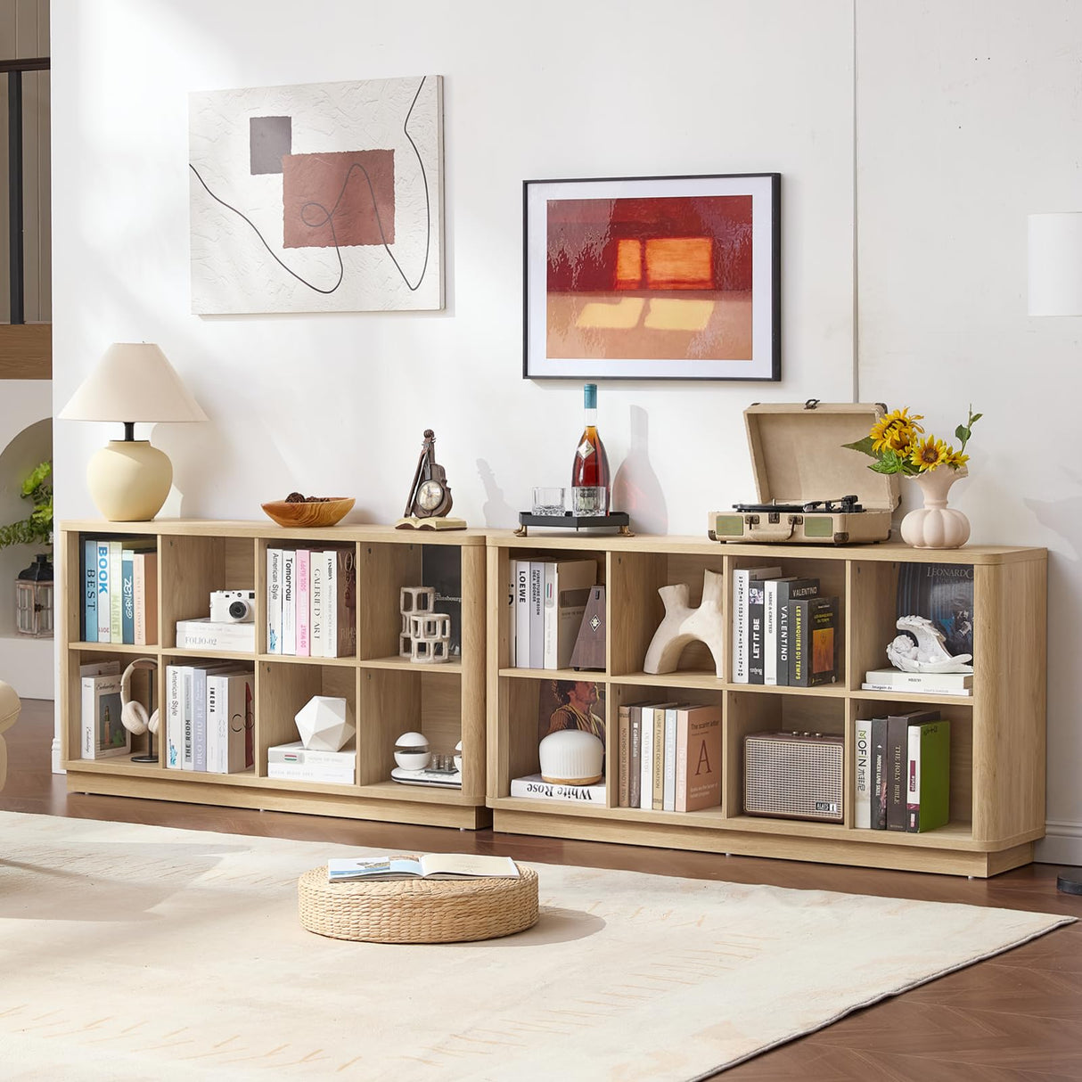 Joaxswe 8 Cube Storage Book Shelf, 52" Long Horizontal Bookshelf with Curved Edge, Floor Standing Wooden Cubby Bookcase with Base, Modern Low Console Book Case, TV Stand for Living Room, Natural Oak Joaxswe