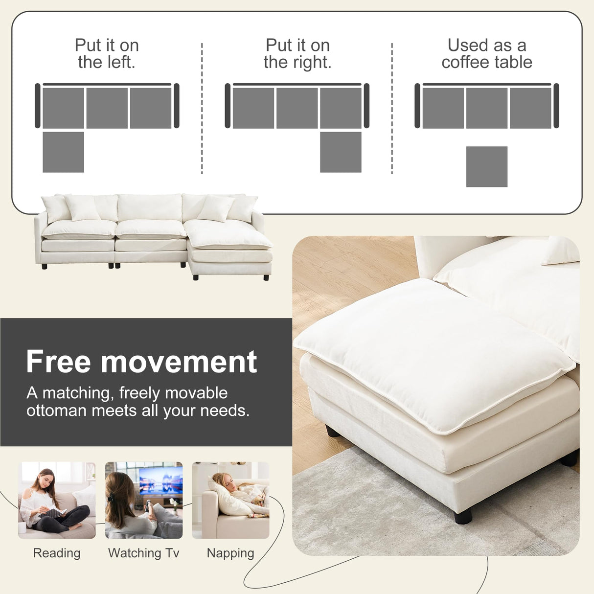 Modular Convertible Sectional Couch, 4 Seat L Shaped Sofa Reversible Chaise Sectional Sofa Deep Seat Cloud Couch Chenille for Home, Apartment, Dorm (Cream White, L Shaped) PEIHONGET